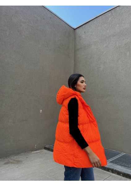Oversize Fermuar Detay Kapitone Şişme Yelek 2023 Neon Turuncu