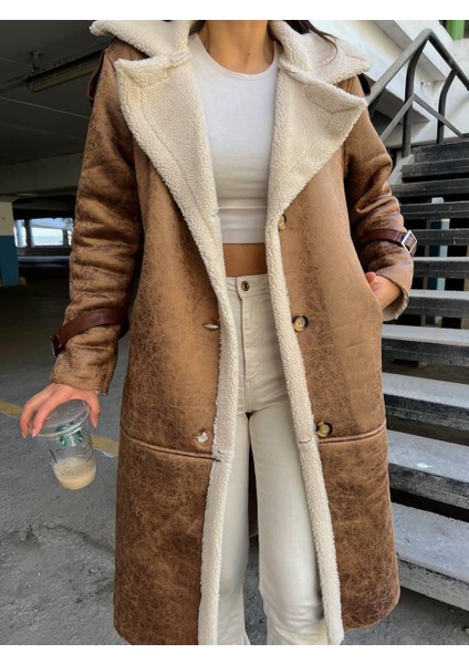 Kuzu Yumoş Kaplama Oversize Midi Boy Chanel Kıraşlı Kaban 200489 Taba