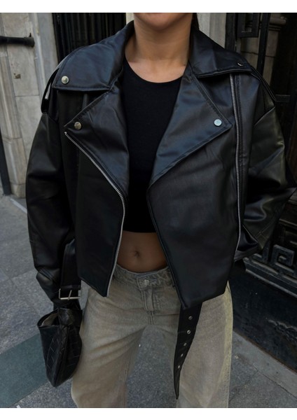 Juna Oversize Biker Deri Ceket 14758 Siyah modelleri