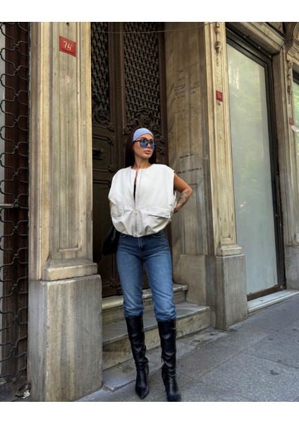 Nicole Oversize Cep Detaylı Yelek 25189 Beyaz