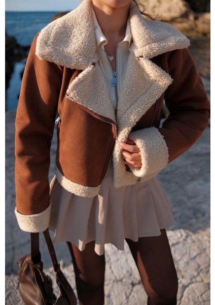 Peluş Kaplama Süet Crop Kaban Taba