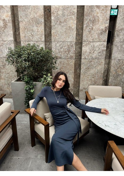 Yandan Bağlamalı Uzun Kol Elbise 1136 Füme fiyatları