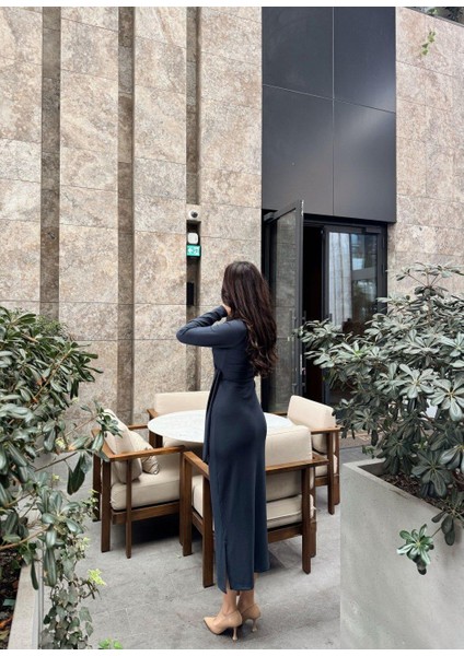 Yandan Bağlamalı Uzun Kol Elbise 1136 Füme modelleri