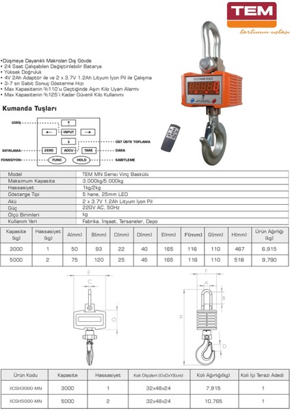 Mn 5 Ton 2 kg Kancalı Vinç Baskülü fiyatları