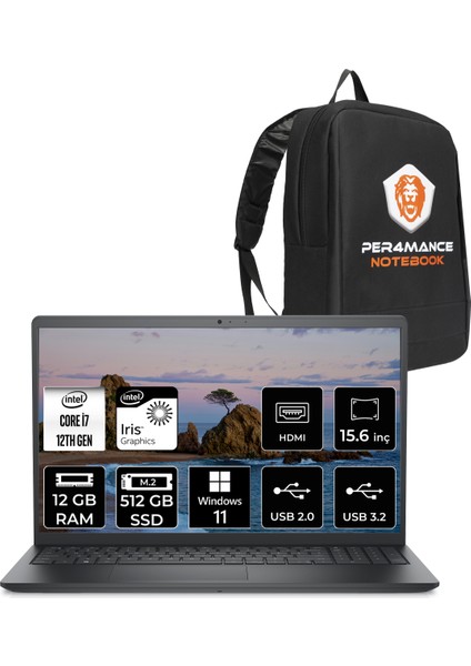 Vostro 3520 Intel Core I7 1255U 12GB 512GB SSD 15.6" Fhd W11H Taşınabilir Bilgisayar & Per4 Çanta N1608PVNB3520UP357