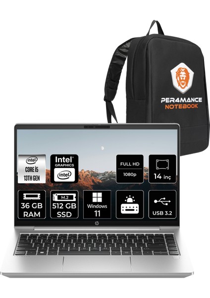 Probook 440 G10 Intel Core I5 1335U 36GB 512GB SSD 14" Fhd W11P Taşınabilir Bilgisayar & Per4 Çanta 8A565EAPN432