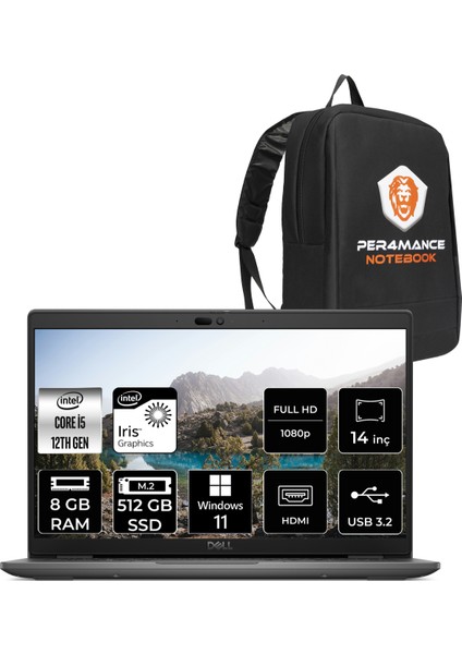 Latitude 3440 Intel Core I5 1235U 8gb 512GB SSD 14" Fhd W11P Taşınabilir Bilgisayar & Per4 Çanta N085L344014UP402