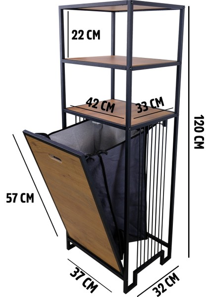 Metal Kirli Sepetli 3 Raflı Çok Amaçlı Banyo Düzenleyici Raf Organizer Siyah - Atlantik Çam – MRS-008