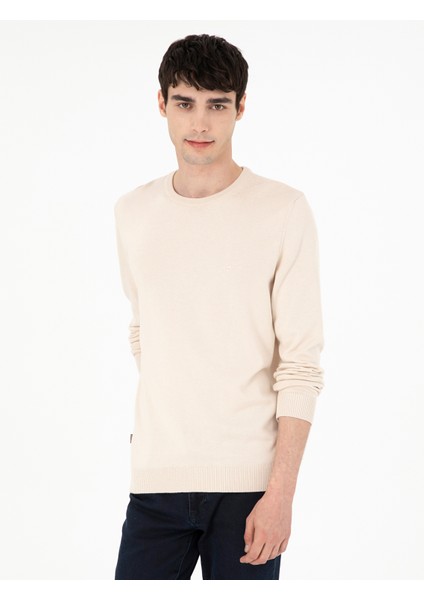 Erkek Bej Slim Fit Bisiklet Yaka Basic Triko Kazak 50296575-VR011