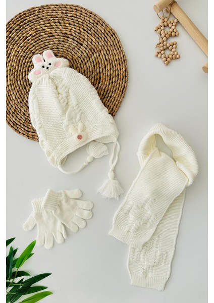 (1-4 Yaş) Tavşan Detaylı Kız Bebe Atkı bere takımı