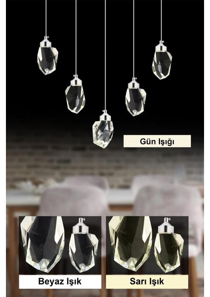 Istanbul Avize Yemek Masası Liya 5'li Gümüş Kristal Taşlı Modern Avize