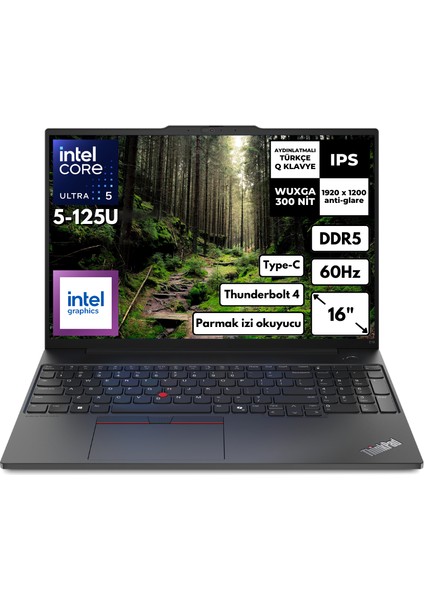 Thinkpad E16 G2 Ultra 5-125U 24-Gbddr5 256 Gbssd Intel Graphics 16" Wuxga Windows 11 Home Taşınabilir Bilgisayar 21MA003MTX BT38