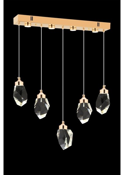 Istanbul Avize Yemek Masası Liya 5'li Gold Kristal Taşlı Modern Avize