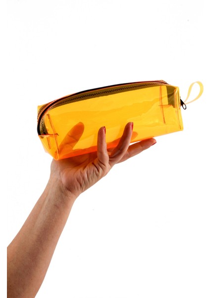 Siyah Fermuarlı Turuncu Renkli Kaliteli Pvc Şeffaf Kalemlik Makyaj Çantası Kalem Kutusu