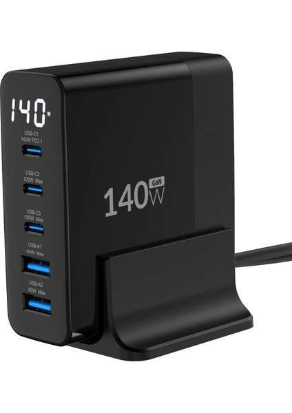 140W Gan Pd 3.1 Masaüstü Hızlı Şarj Cihazı 3 Type-C + 2 Usb-A iPhone & MacBook & Laptop Uyumlu Şarj Aleti