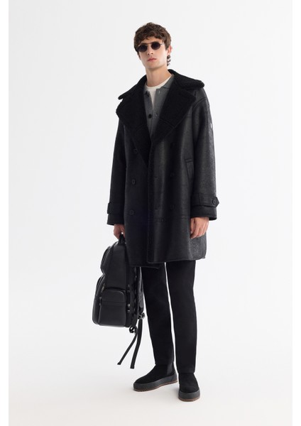 Erkek Siyah Kürklü Mono Yaka Deri Görünümlü Uzun Napa Comfort Fit Kaban A42Y6125