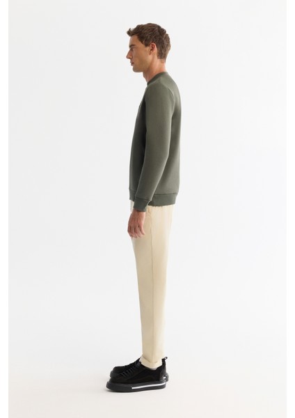 Erkek Haki Bisiklet Yaka 3 Iplik Şardonlu Baskılı Sweatshirt A42y1306