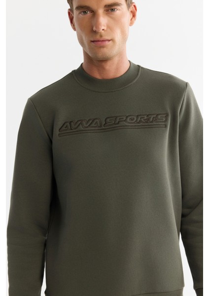 Erkek Haki Bisiklet Yaka 3 Iplik Şardonlu Baskılı Sweatshirt A42y1306