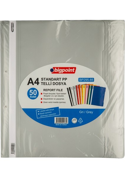 | Telli Dosya, Kalın Kapaklı, Poşet Dosyalara Uyumlu - 80 Gram (180 Adet A4) Kapasiteli, Gri, 50 Adet