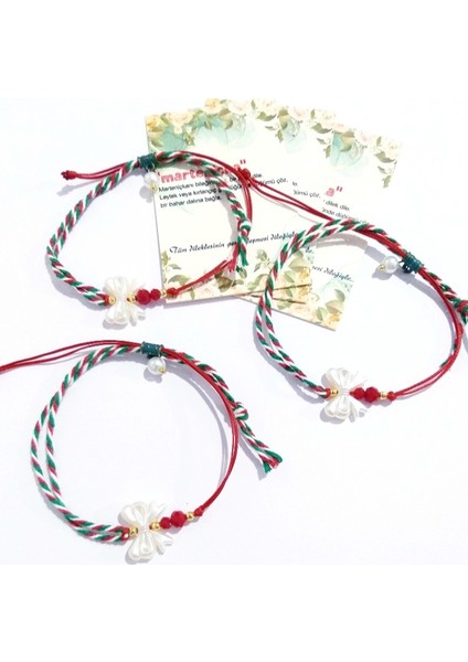 Üç Adet Marteniçka Kartlı Fiyonk ve Kırmızı Kristal Boncuklu Yılbaşı Marteniçka Bileklik