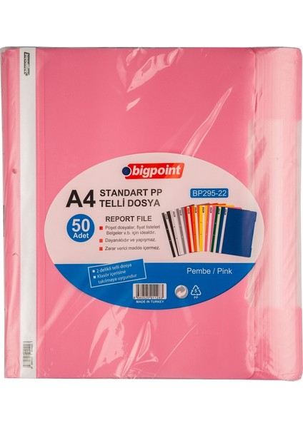 | Telli Dosya, Kalın Kapaklı, Poşet Dosyalara Uyumlu - 80 Gram (180 Adet A4) Kapasiteli, Pembe, 50 Adet