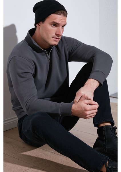 Pamuklu Regular Fit Yarım Fermuarlı Dik Yaka Sweat Erkek Sweat 59052592