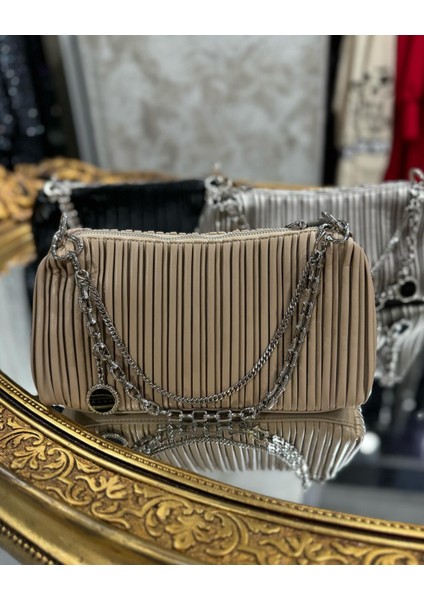 Sally Pilise Desenli Yumuşak Derili Kol/ Omuz Çanta -Bej