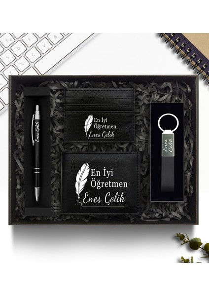 Öğretmenler Günü Temalı Kişiye Özel Cüzdan & Kartlık & Anahtarlık & Kalem Hediye Seti