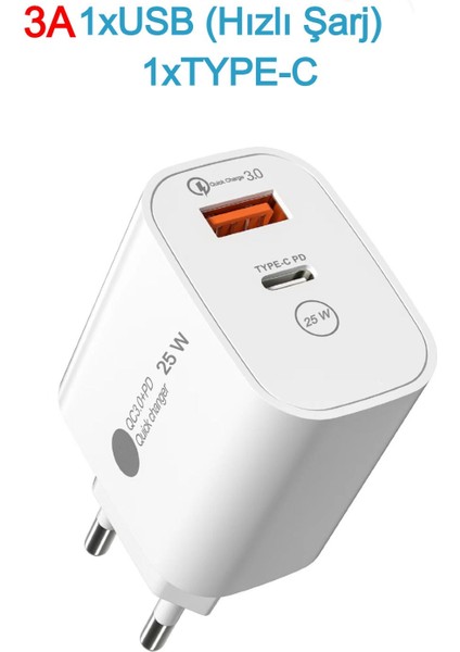 Hızlı Şarj Adaptörü Hızlı Şarj Aleti USB 3.0 / Type-C 25W 3.0A Hızlı Şarj Aleti Başlığı 25W