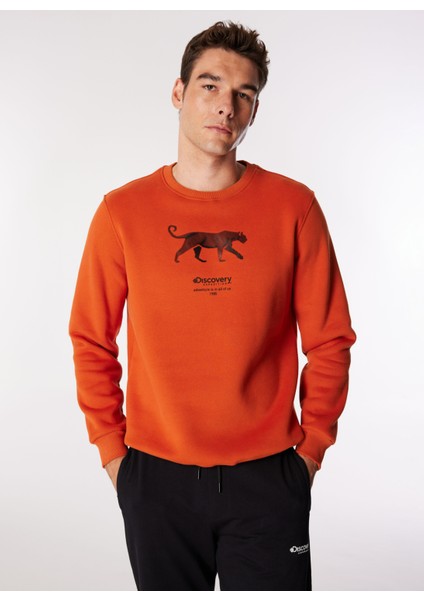 Koyu Turuncu Erkek Bisiklet Yaka Relaxed Fit Baskılı Sweatshirt D4WM-SWT3247