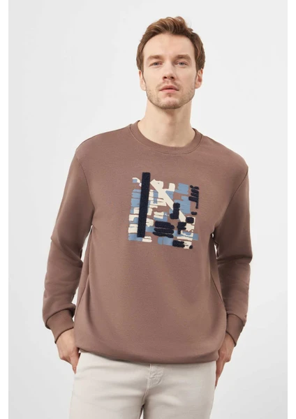 Erkek Kahve Trend Bisiklet Yaka Sweat-Shirt