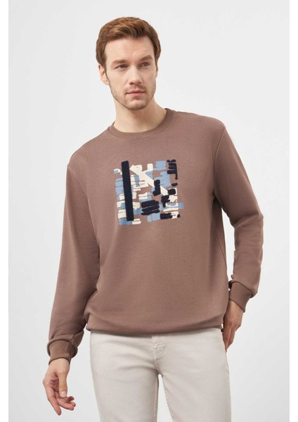 Erkek Kahve Trend Bisiklet Yaka Sweat-Shirt