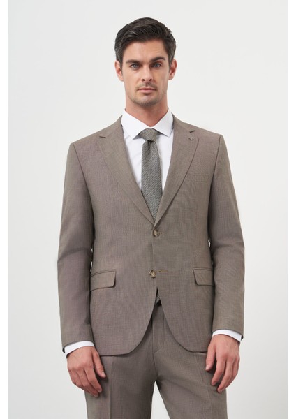 Erkek Kahve Yün Slim Fit Mono Yaka Takım Elbise