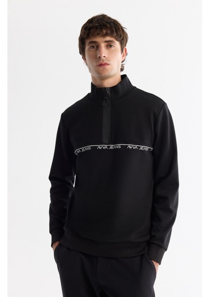 Erkek Siyah Dik Yaka Fermuarlı Baskılı Pamuklu Regular Fit Sweatshirt A42Y1367