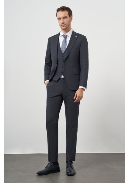 Erkek Lacivert Poliviskon Trend Yelekli Desenli Slim Fit Sivri Yaka Takım Elbise modelleri