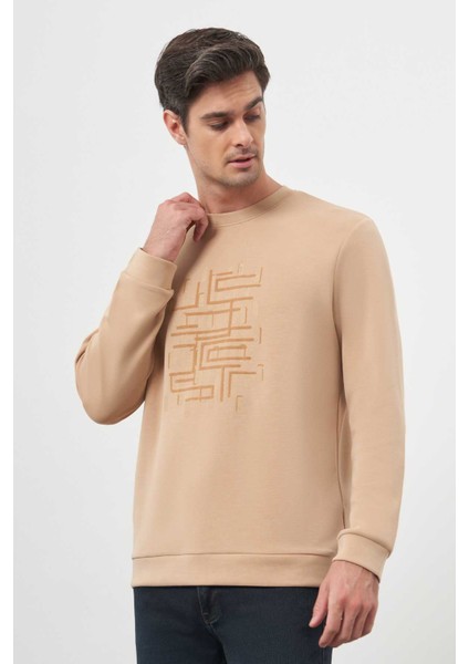 Erkek Bej Trend Bisiklet Yaka Sweat-Shirt