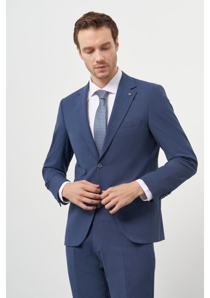 Erkek Indigo Yün Slim Fit Mono Yaka Takım Elbise