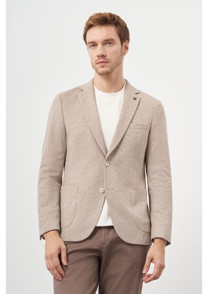Erkek Açık Kahve Örme Trend Slim Fit Mono Yaka Ceket