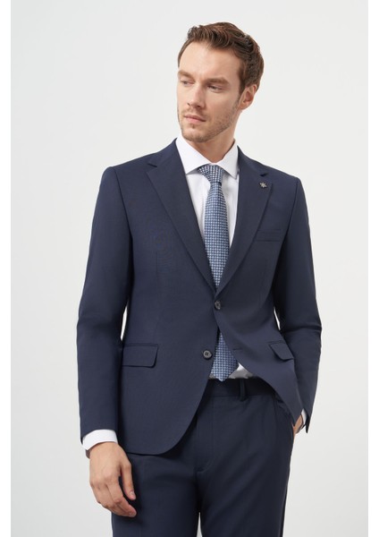 Erkek Lacivert Yün Slim Fit Mono Yaka Takım Elbise