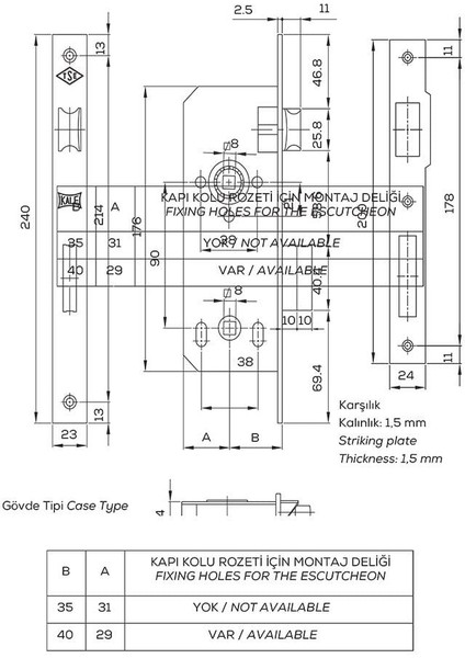 İç Kapı Gömme Kilidi 169 R Serisi Banyo Tipi (Wc) Köşeli Sarı 35/23 mm fiyatları