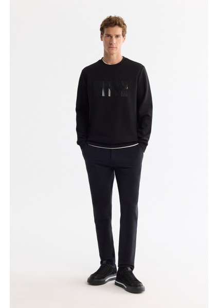 Erkek Siyah Bisiklet Yaka Pamuklu Baskılı Elastan Regular Fit Sweatshirt A42Y1215