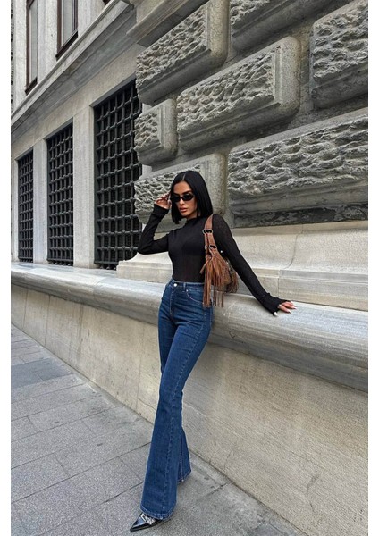 Trend Yüksek Bel Baggy Palazzo Ispanyol Paça Pantalon Koyu Mavi