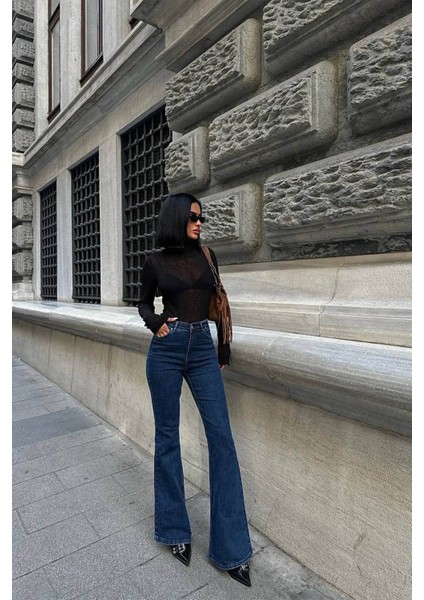 Trend Yüksek Bel Baggy Palazzo Ispanyol Paça Pantalon Koyu Mavi