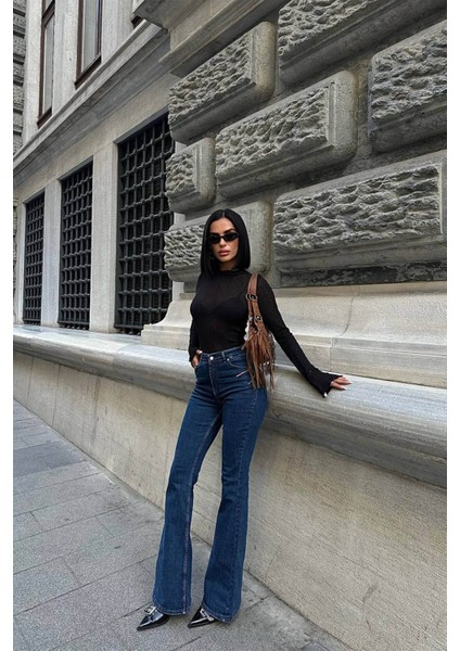 Trend Yüksek Bel Baggy Palazzo Ispanyol Paça Pantalon Koyu Mavi