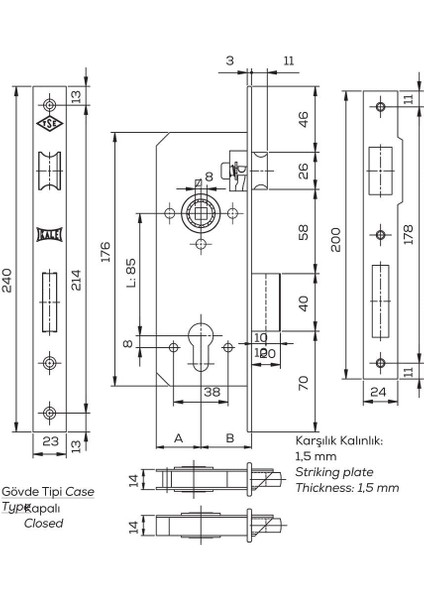 Silindirli Gömme Kilit 152 R Serisi Köşeli 45/23 mm fiyatları
