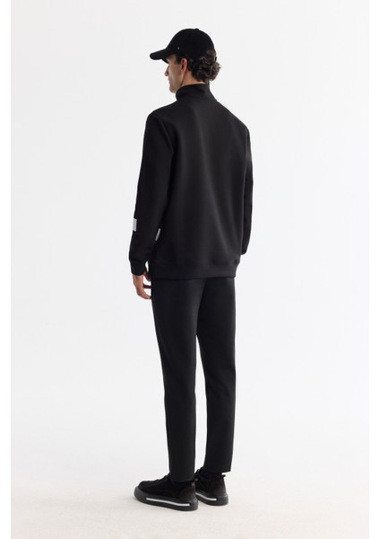 Erkek Siyah Dik Yaka Pamuklu Baskılı Elastan Regular Fit Sweatshirt A42Y1202
