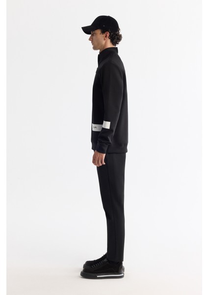 Erkek Siyah Dik Yaka Pamuklu Baskılı Elastan Regular Fit Sweatshirt A42Y1202