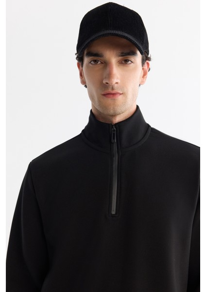 Erkek Siyah Dik Yaka Pamuklu Baskılı Elastan Regular Fit Sweatshirt A42Y1202