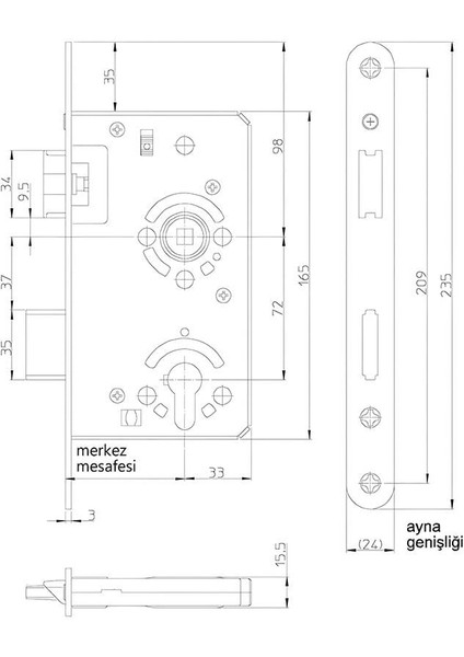 S.50 Serisi Gömme Kapı Kilidi Yangın Dayanımlı Barelli Tip Paslanmaz Çelik 55/20 mm