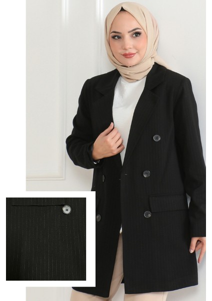 Klasik Çizgili Blazer Ceket Siyah 6110